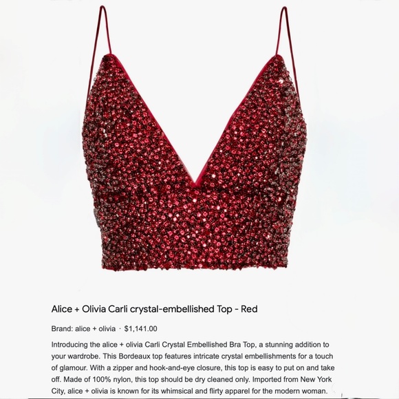 Alice + Olivia Bordeaux Red Crystal Embellished Crop Top With Smocked Ba… - Picture 11 of 16